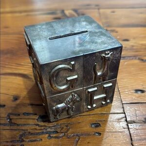 Vintage Silver Plated Alphabet Animal Piggy Coin Bank for Children 3” X 3”
